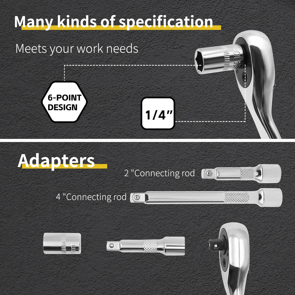 Socket Wrench Set 1/4" 24/72 Tooth Ratcheting Wrench Set with Extension Bar for Auto Repairing and Household, with Storage Case