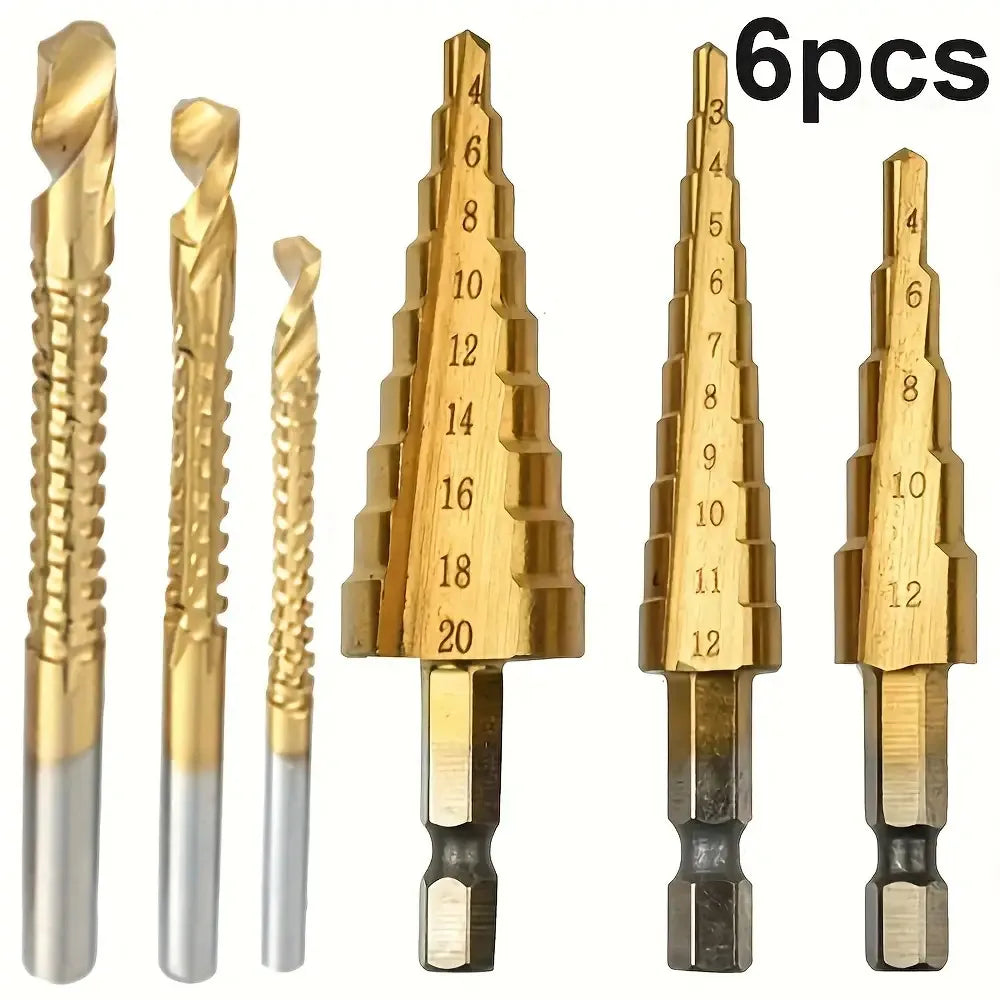 6pcs Heavy-Duty Step Drill Bit Set (4-20/4-12/3-12/3/6/8mm) for Wood & Metal DIY Professional Drilling Durable Kit Tools