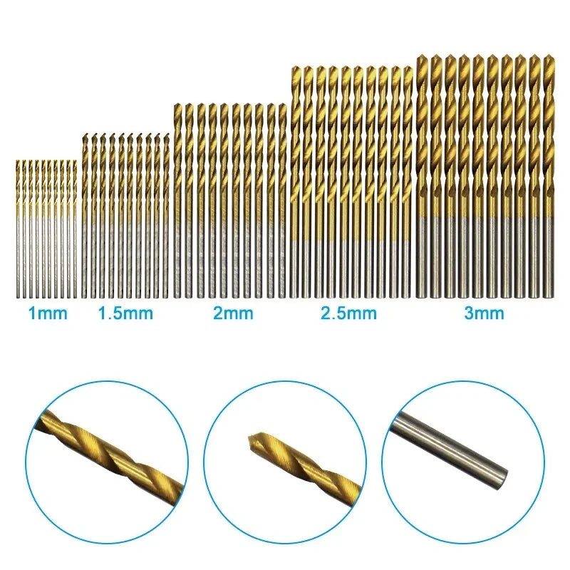 100PCS Twist Drill Bit Set 1-3mm Titanium Plated for Wood Metal Hand Electric Drill
