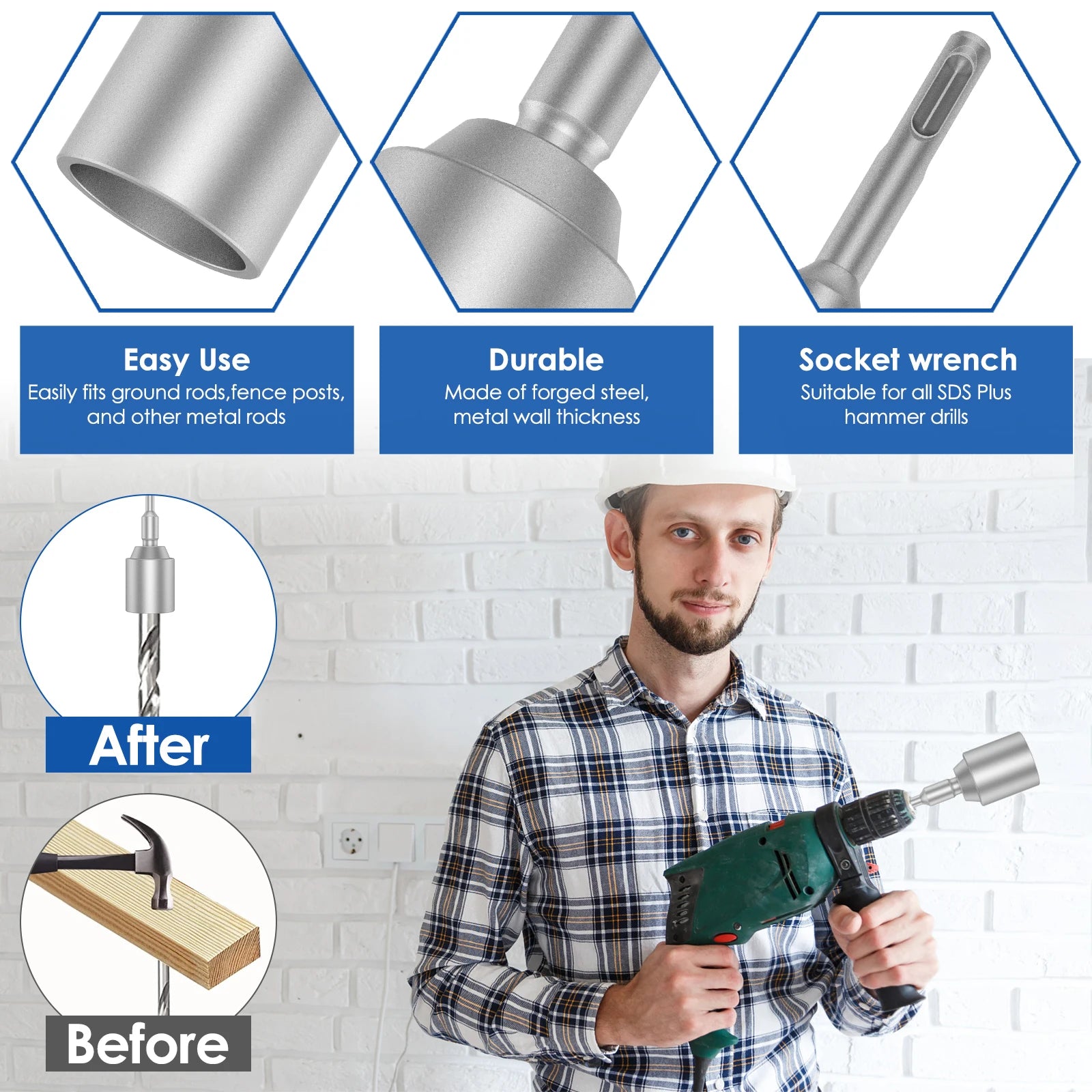 SDS-Plus Ground Rod Driver 30/45/65mm Diameter For Rotary Hammer Drills T Post Ground Rod Driver Tool Forged Steel Drill Bit