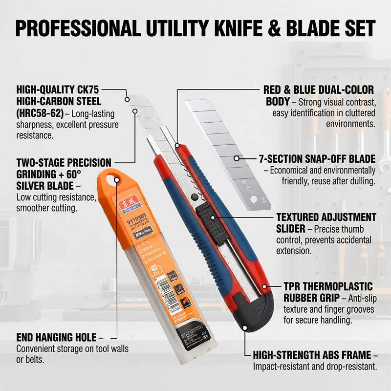 Utility Knife Plastic Rubber Grip 60° CK75 Silver Blade + White Blades 0.5mm Thick Sharp Cutter Box Cutting Tool DIY Home
