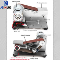 110/220V Mini Electric Belt Sander DIY Polishing Grinding Machine Multifunctional Grinder Cutter Edges Sharpener 10PCS Belt
