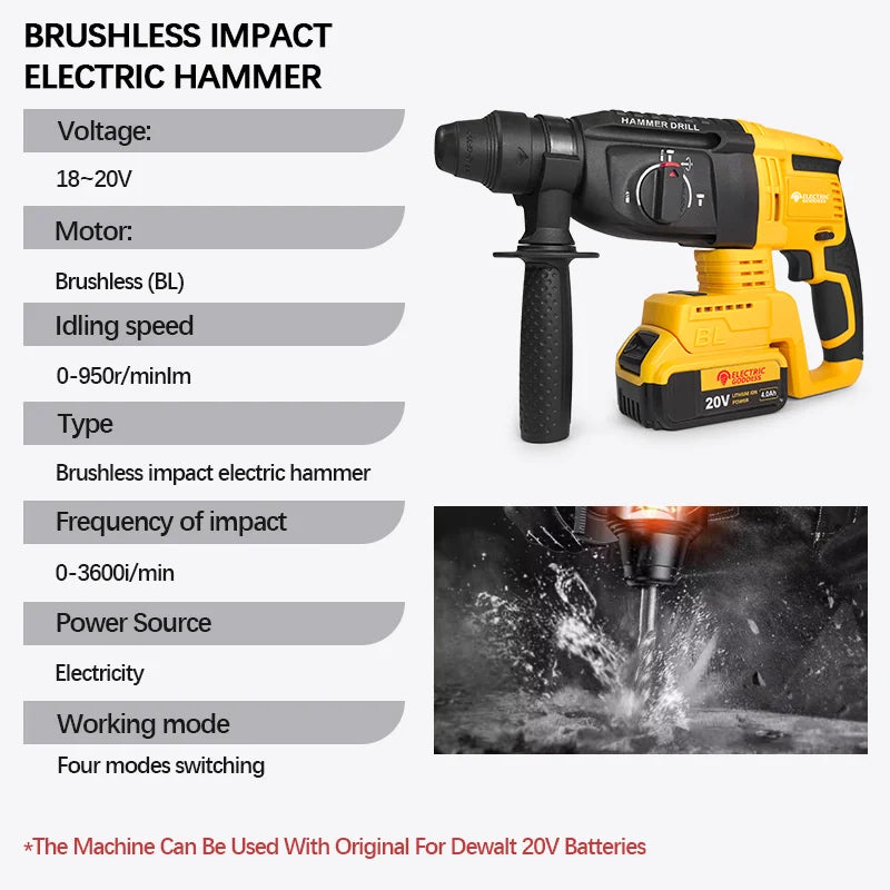 Brushless Cordless Rotary Hammer Drill 26mm Four-speed Adjusting Electric Hammer Power Tools For Dewalt 20V Battery Pin