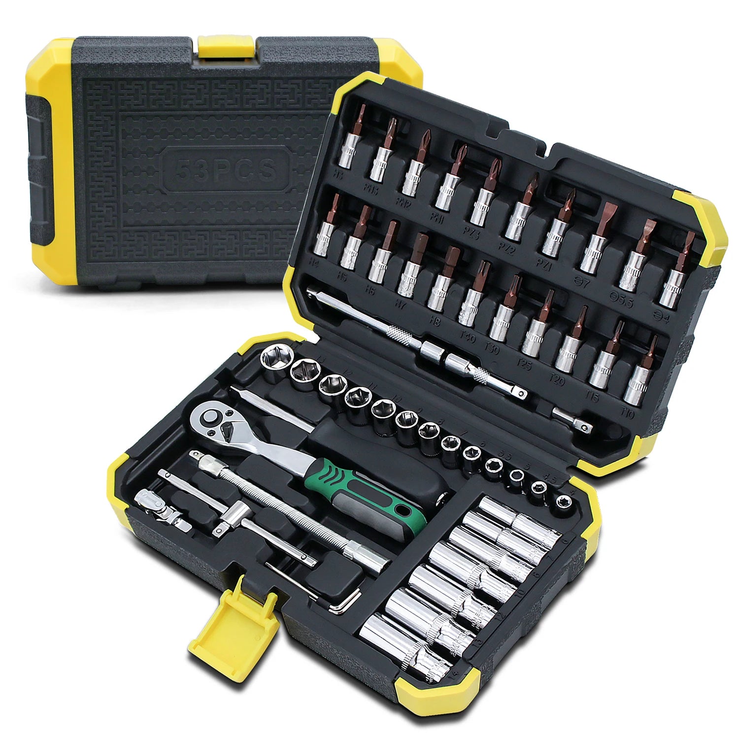 Socket Wrench Set 1/4" 24/72 Tooth Ratcheting Wrench Set with Extension Bar for Auto Repairing and Household, with Storage Case