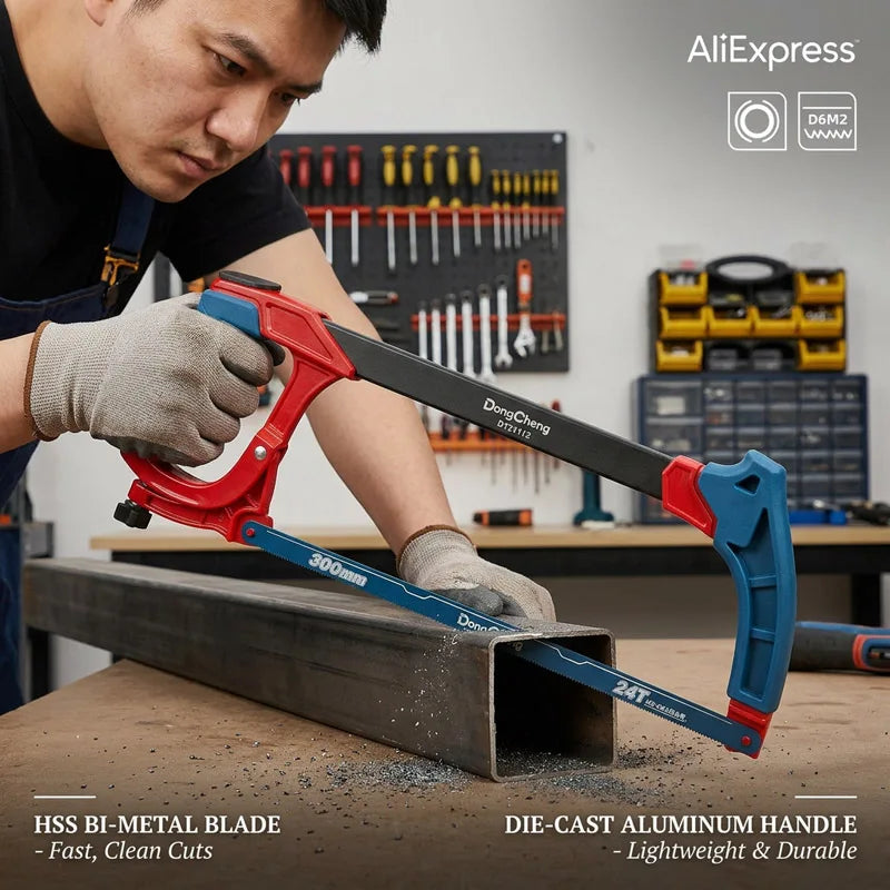 Aluminum Hacksaw Frame Heavy Duty Thick Steel Tube Rubber Grip Stable + Bimetal Blade Sharp Durable Metal Saw Tool