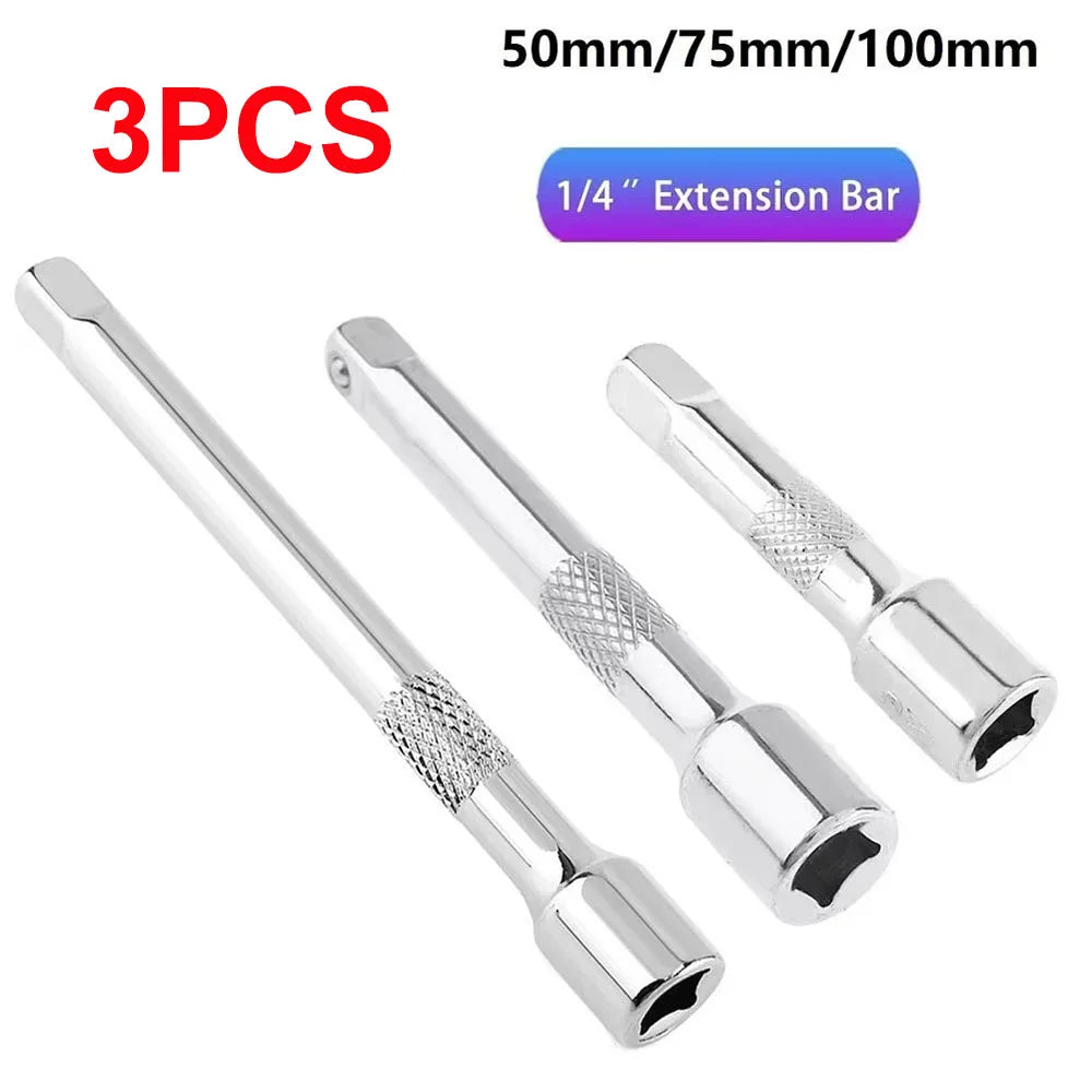 3pcs 1/4 Inch Socket Ratchet Wrench Extension Bar 50/75/100mm Long Bar Steering Sleeve Connecting Rod Socket Extender Hand Tools