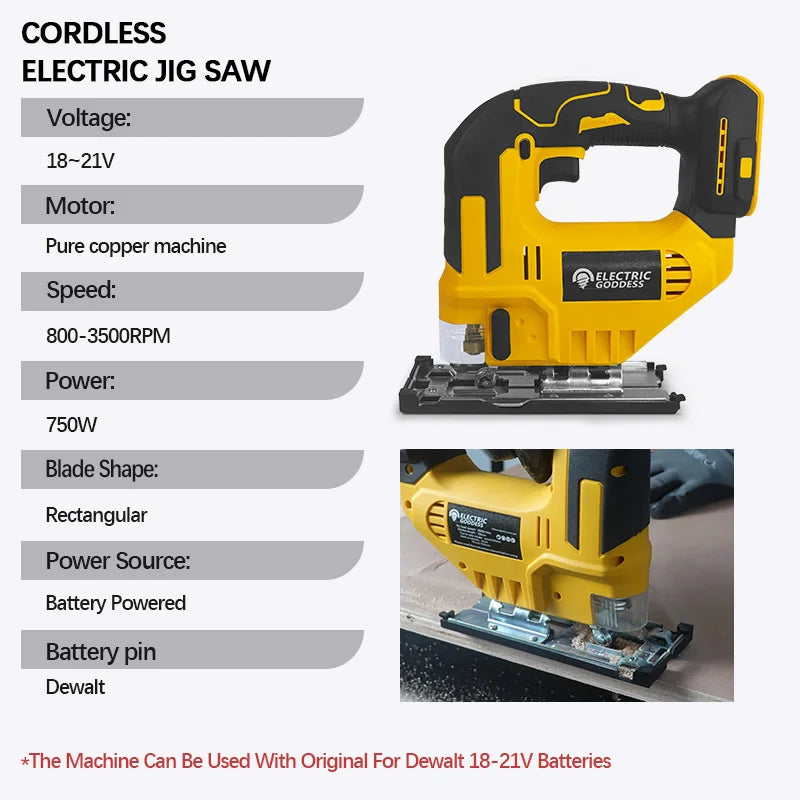 Electric Goddess 2700RPM Electric Jig Saw Cordless Jigsaw 3 Gears Multi-Function Adjustable Woodworking Tool For Dewalt 20V Pin