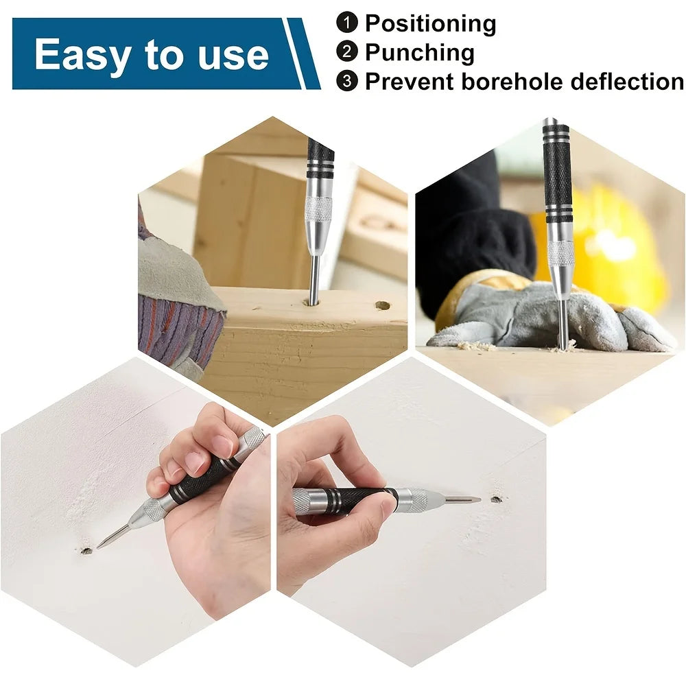 2Pcs Heavy Duty Automatic Center Punch, 5'' Premium Steel Spring Loaded Center Hole Punch, Adjustable Spring Impact Center Marke