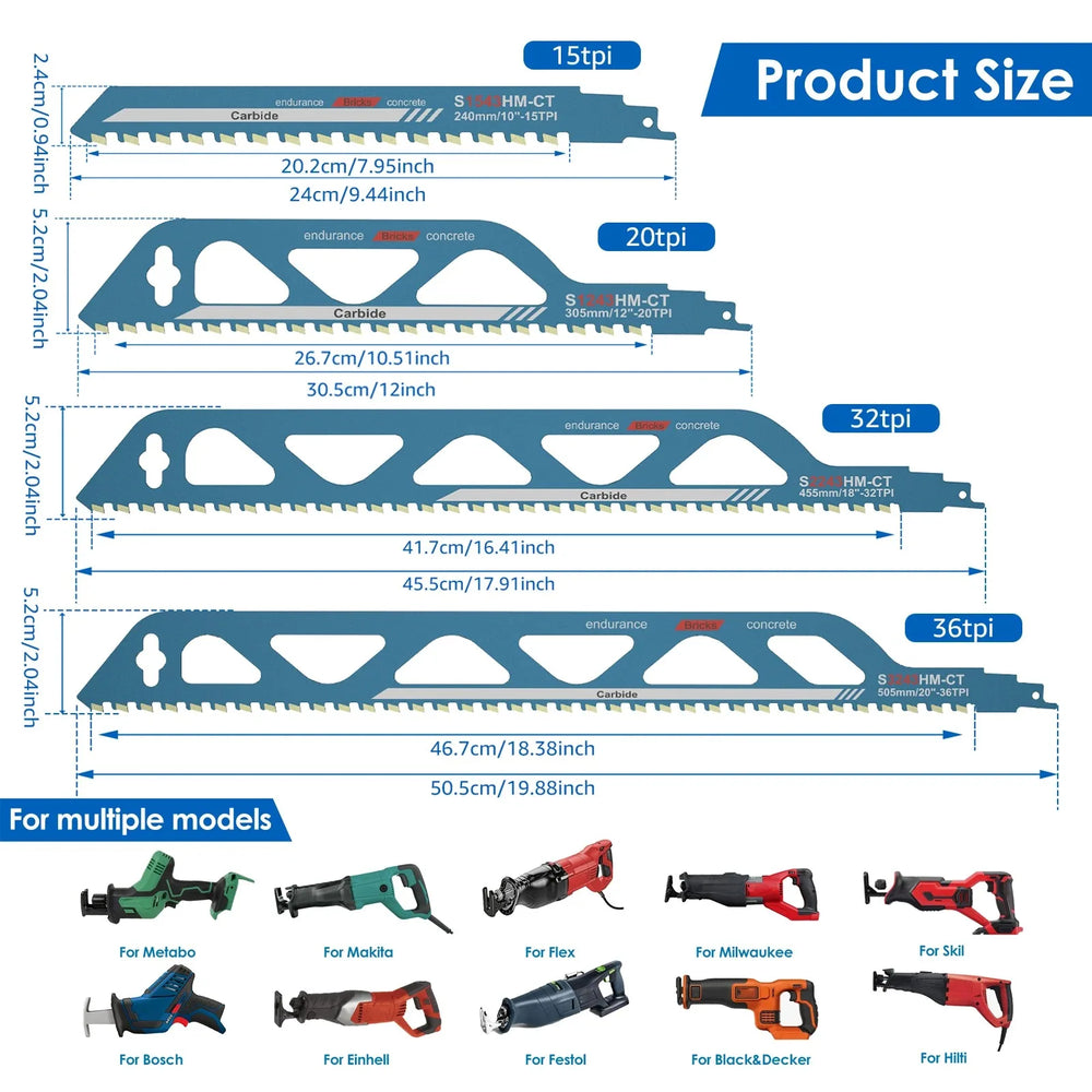 Reciprocating Saw Blade 10/12/18/20in Universal Cutting Recip Sabre Saw Blade Masonry Cutting Blade for Cement Composite Panels