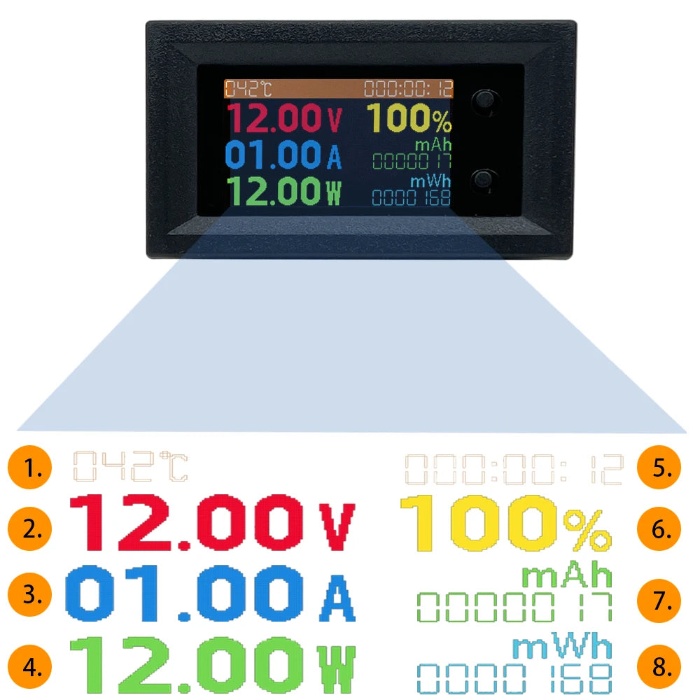 DC 0-200V 20A Digital Voltmeter Ammeter 8in1 Multifunction Tester IPS LCD Voltage Current Power Energy Test Meter