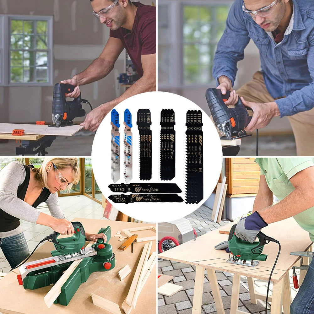 20pcs Jigsaw Blades Set T-Shaft HCS Assorted Jig Saw Blades for Wood Plastic and Metal Cutting Incl. Plastic Box forBlack