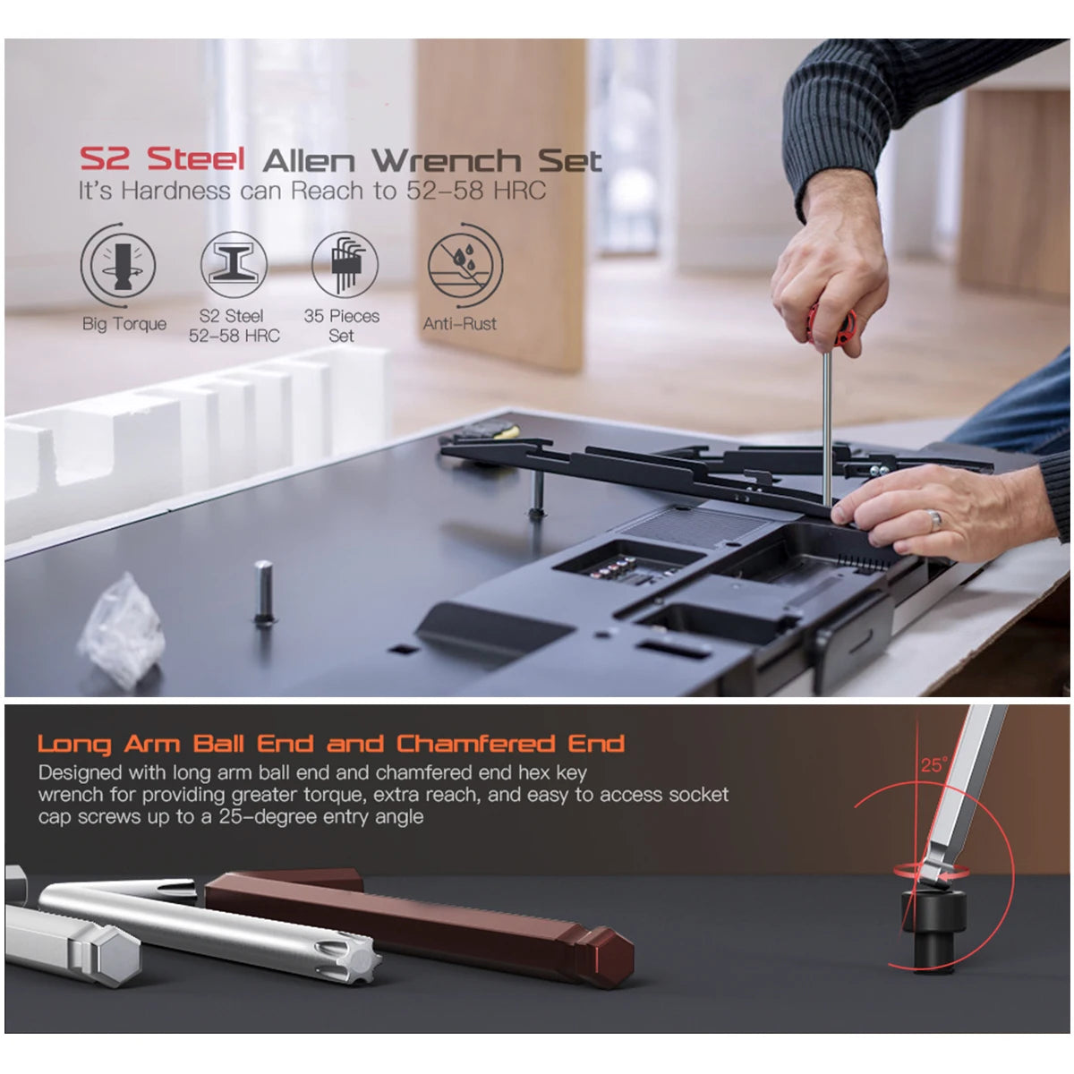 1005006236479367Allen Wrench Set 35 Piece Hex Key Set Metric Allen Key Set S2 Steel And CRV SAE 3/64-3/8 inch / MM 1.5-10mm / TO