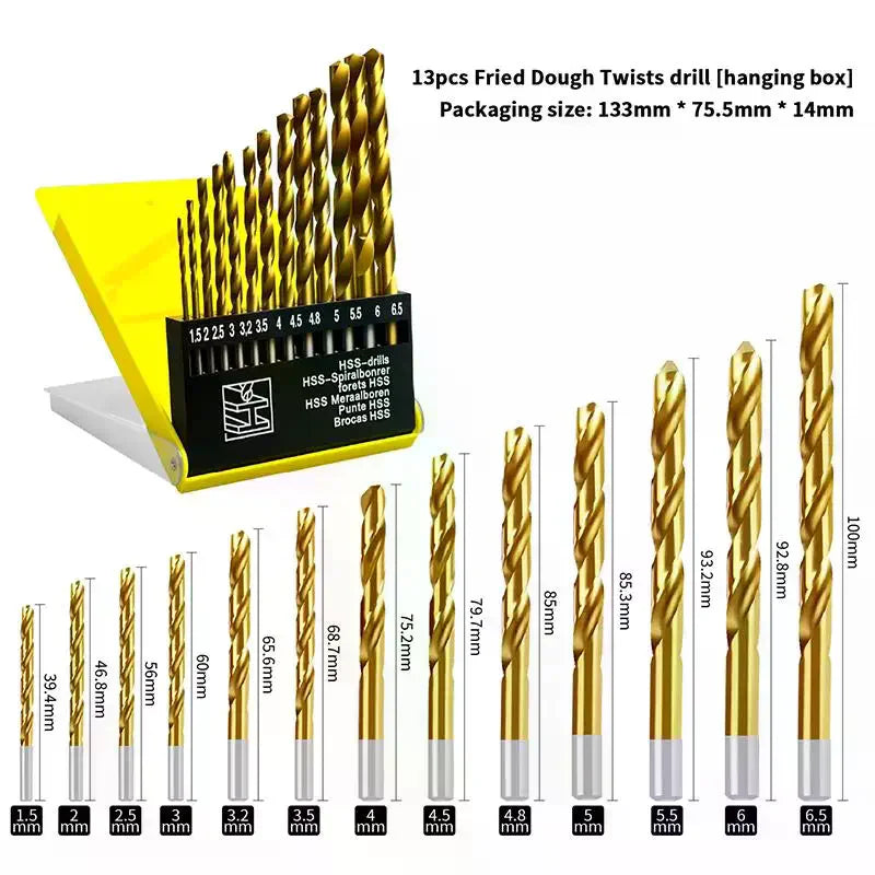 Twist Drill Set 1.5mm-6.5mm, 13Pcs Ideal for Wood, Metal, Marble and Tile