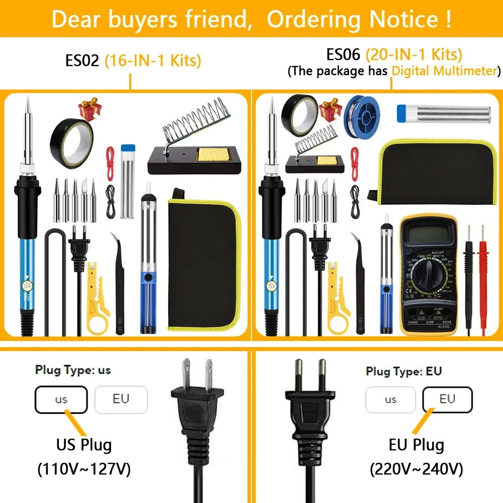 Soldering Iron Kit Welding Tool, Soldering Kit with LCD Digital Multimeter, 60W Soldering Iron with 5 Extra Tips, Stand