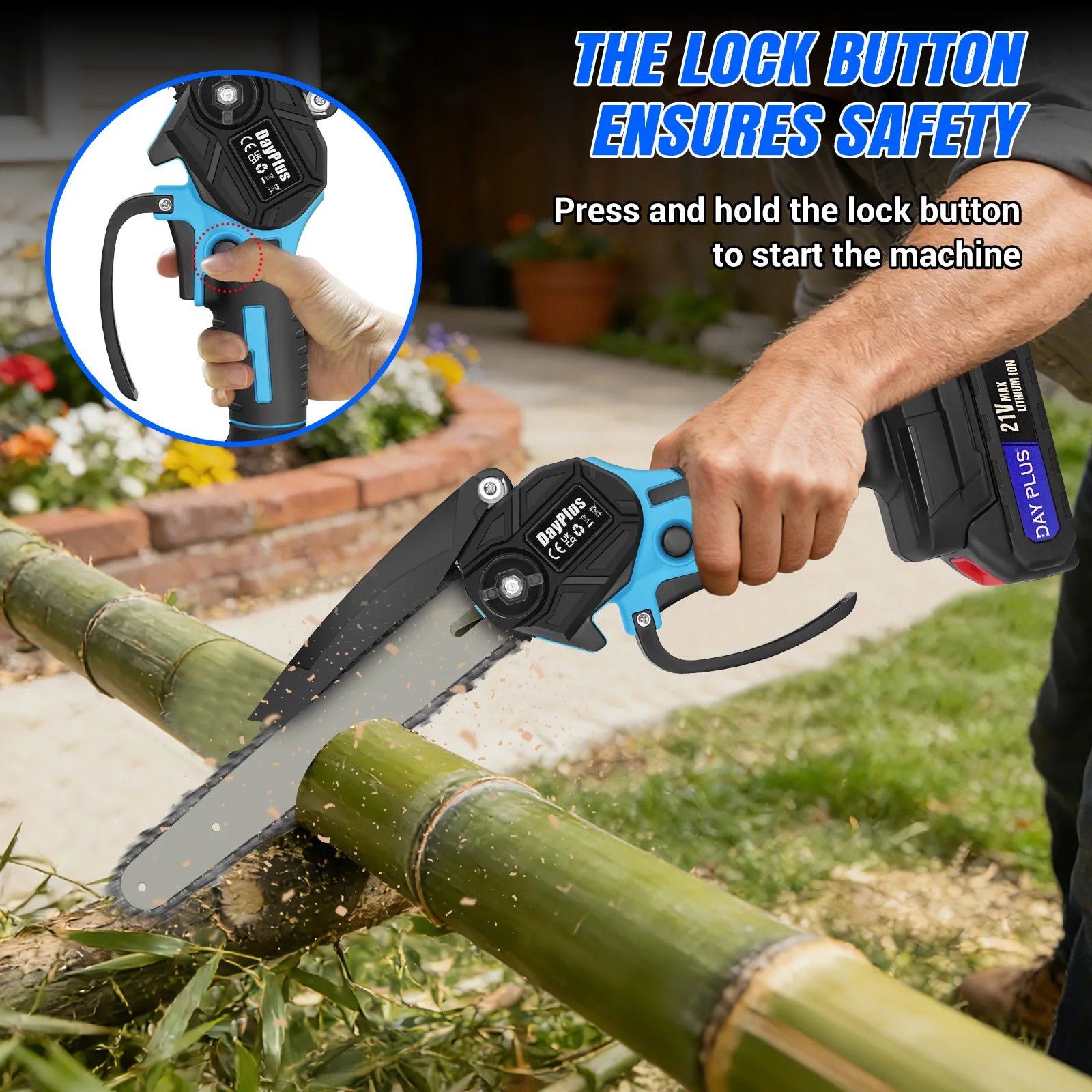 DayPlus 8 Inch Cordless Chainsaw Electric Handheld Wood Saw, 2PCS 4000mAh Battery Power Chain Saw with Safety Lock, Tree Trimmer