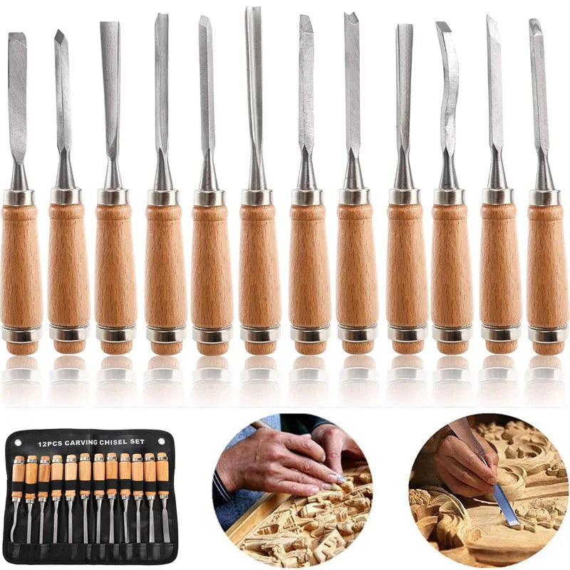 12 PCS Wood Carving Chisel Set Hand Tool Professional Woodworking Gouges Steel Consruction An Carpentry Tools for Woodworking