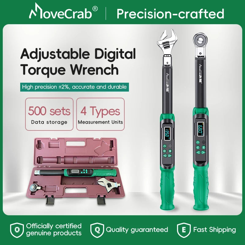 Digital Torque Wrench with Interchangeable Heads Precision Adjustable 5-99.6ft.lb(6.8-135Nm) Ratchet & Open-End Heads Profession