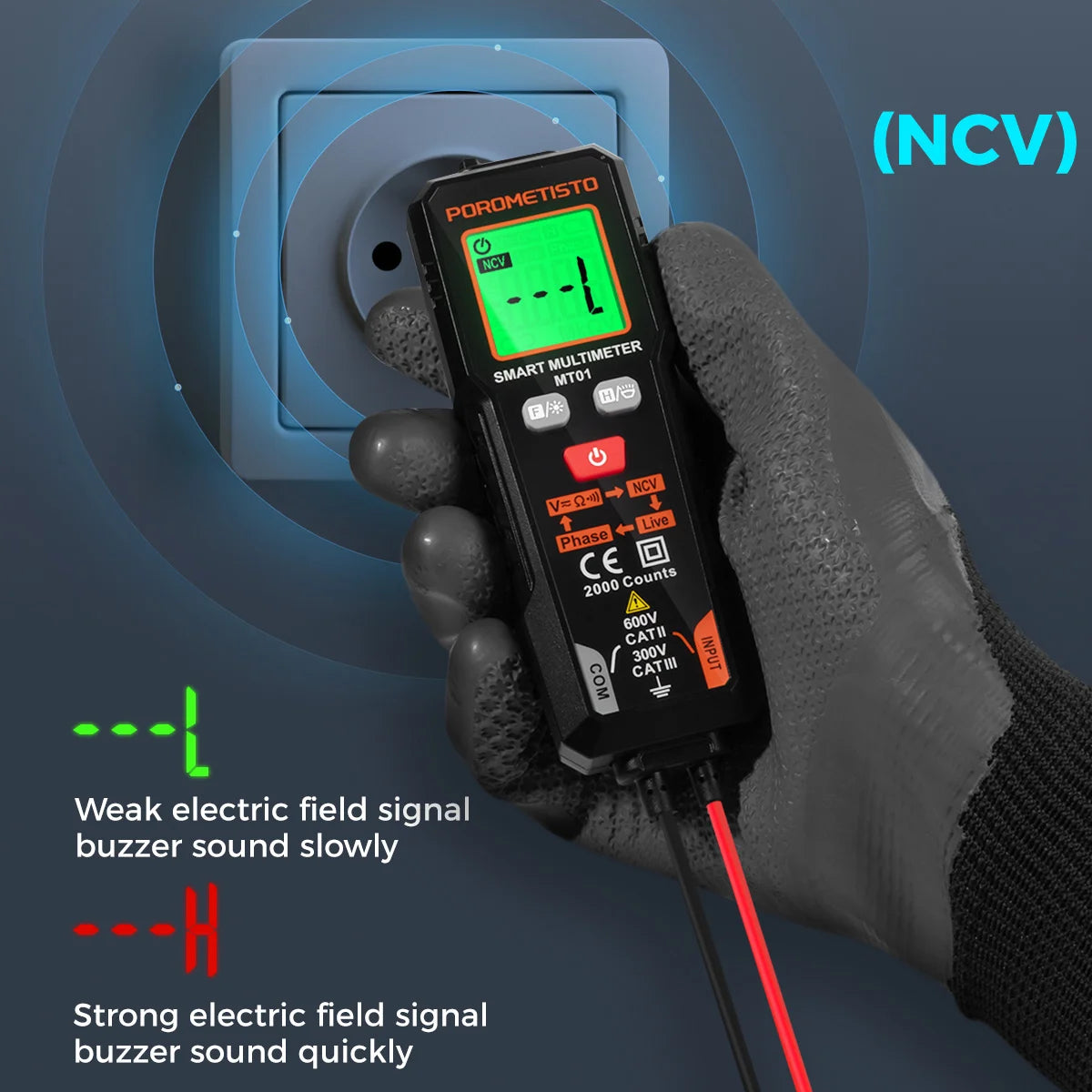 POROMETISTO MT01 Multimeter Smart Digital Multimeter Voltage Tester NCV Live Wire Test 2000 Counts 600V AC/DC Voltage Tester