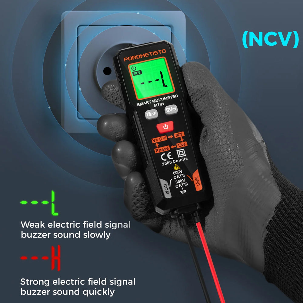POROMETISTO MT01 Multimeter Smart Digital Multimeter Voltage Tester NCV Live Wire Test 2000 Counts 600V AC/DC Voltage Tester