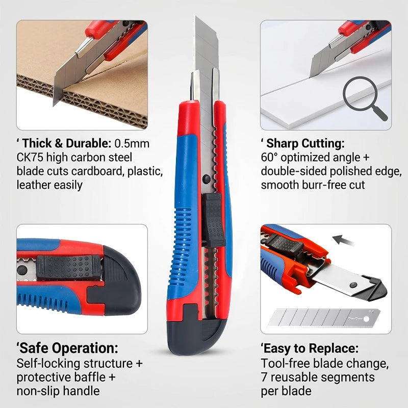 Utility Knife Plastic Rubber Grip 60° CK75 Silver Blade + White Blades 0.5mm Thick Sharp Cutter Box Cutting Tool DIY Home
