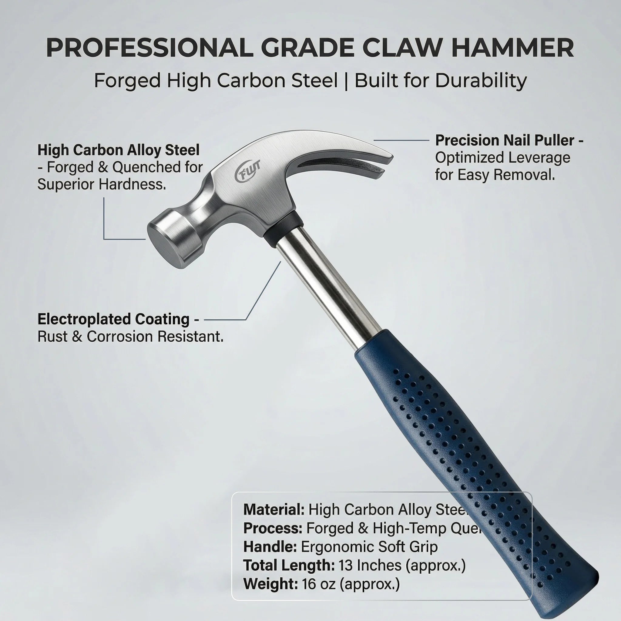 Multifunctional Claw Hammer Ergonomic Handle Heavy Duty Striking Tool for Home Repair Construction & DIY