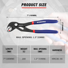 WORKPRO 7" Water Pump Pliers Adjustable Quick Adjusting Curved Jaw Groove Joint Pliers Non-Slip Comfort Handle