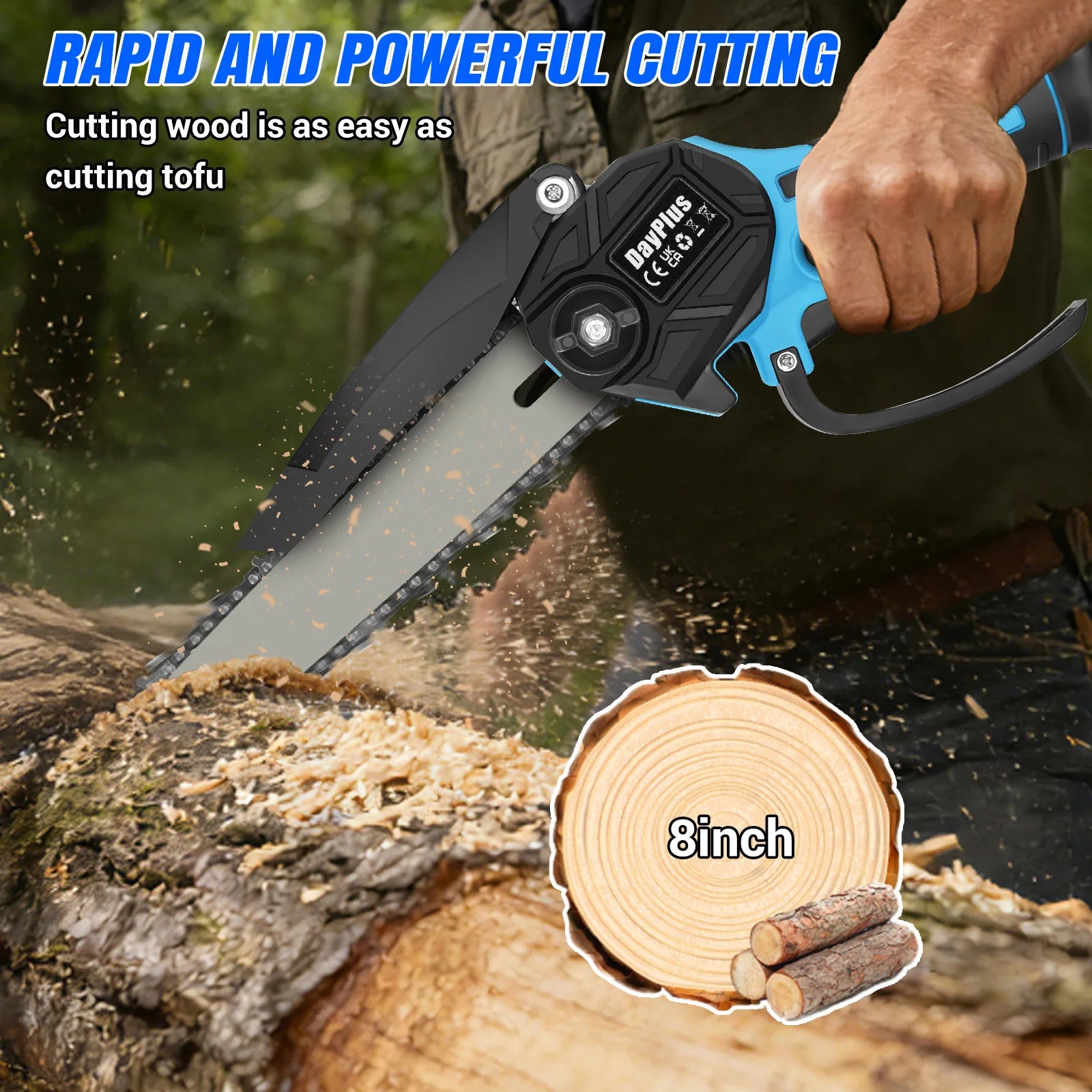DayPlus 8 Inch Cordless Chainsaw Electric Handheld Wood Saw, 2PCS 4000mAh Battery Power Chain Saw with Safety Lock, Tree Trimmer