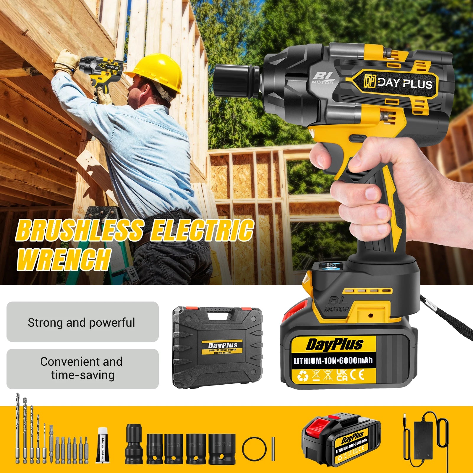DayPlus 1500Nm Brushless Impact Wrench 1/2" 3 Speed Cordless