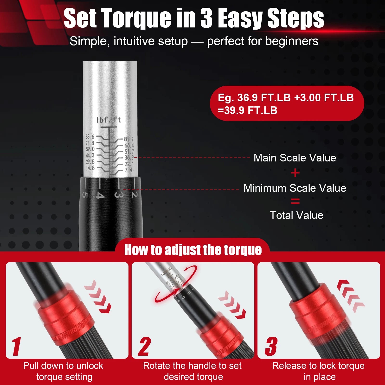 Upgraded Torque Wrench 1/4'' 3/8'' 1/2'' Drive Click Torque Wrench Dual-Direction Adjustable 72-Tooth Ratchet Handle