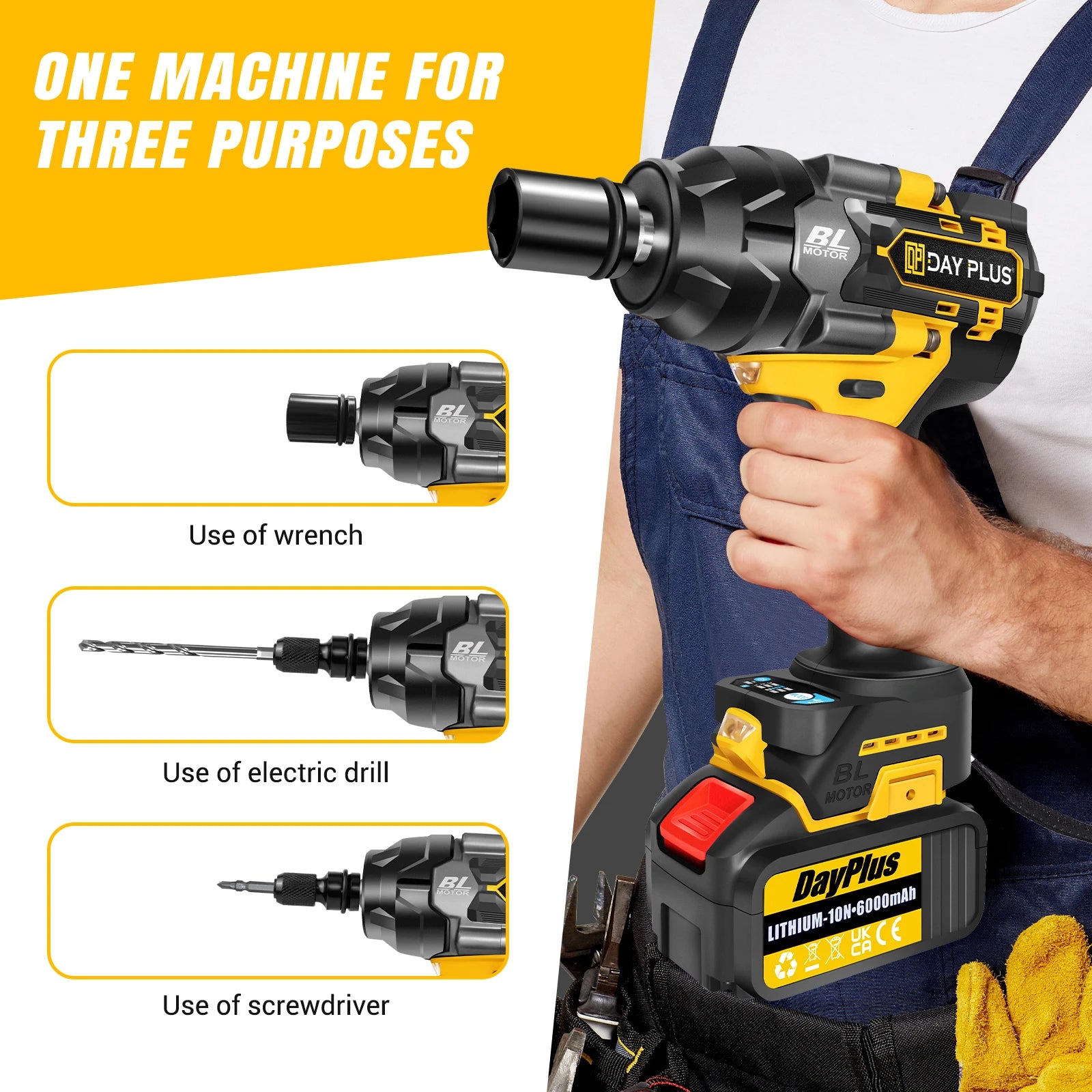 DayPlus 1500Nm Brushless Impact Wrench 1/2" 3 Speed Cordless