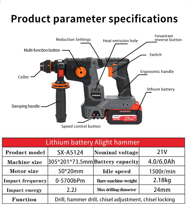 Three In One 20V 800W Heavy Duty Brushless Cordless Rotary Hammer Drill With Fast Charger 26mm Max Drilling Diameter