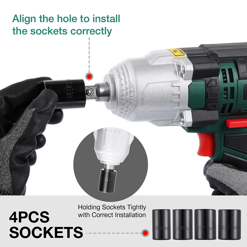 550W Electric Impact Wrench Max Torque 500Nm 1/2 Inch 2M Rubber Cable Car 4 SocketS Wrenches BMC Box AC Power Car Repair Tool