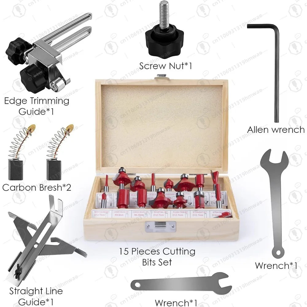 Wood Router+15PCS 1/4" Router Bit Set RouterTool 800W Wood Routers for Woodworking Tool,30000R/MIN Compact Edge Trimme