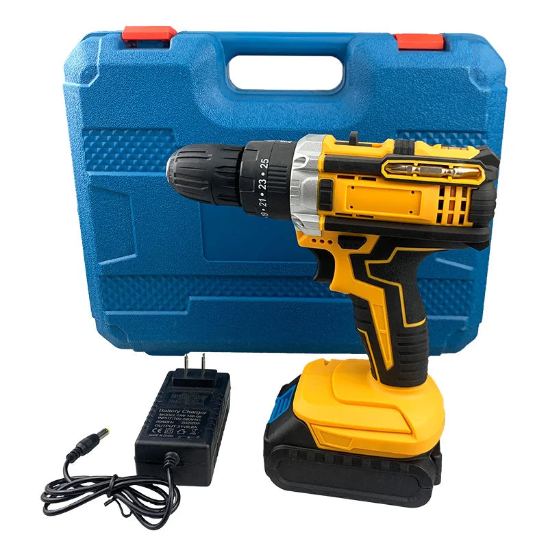 21V cordless impact drill, a cordless handheld lithium-ion drill equipped with a brushless motor and variable speed control