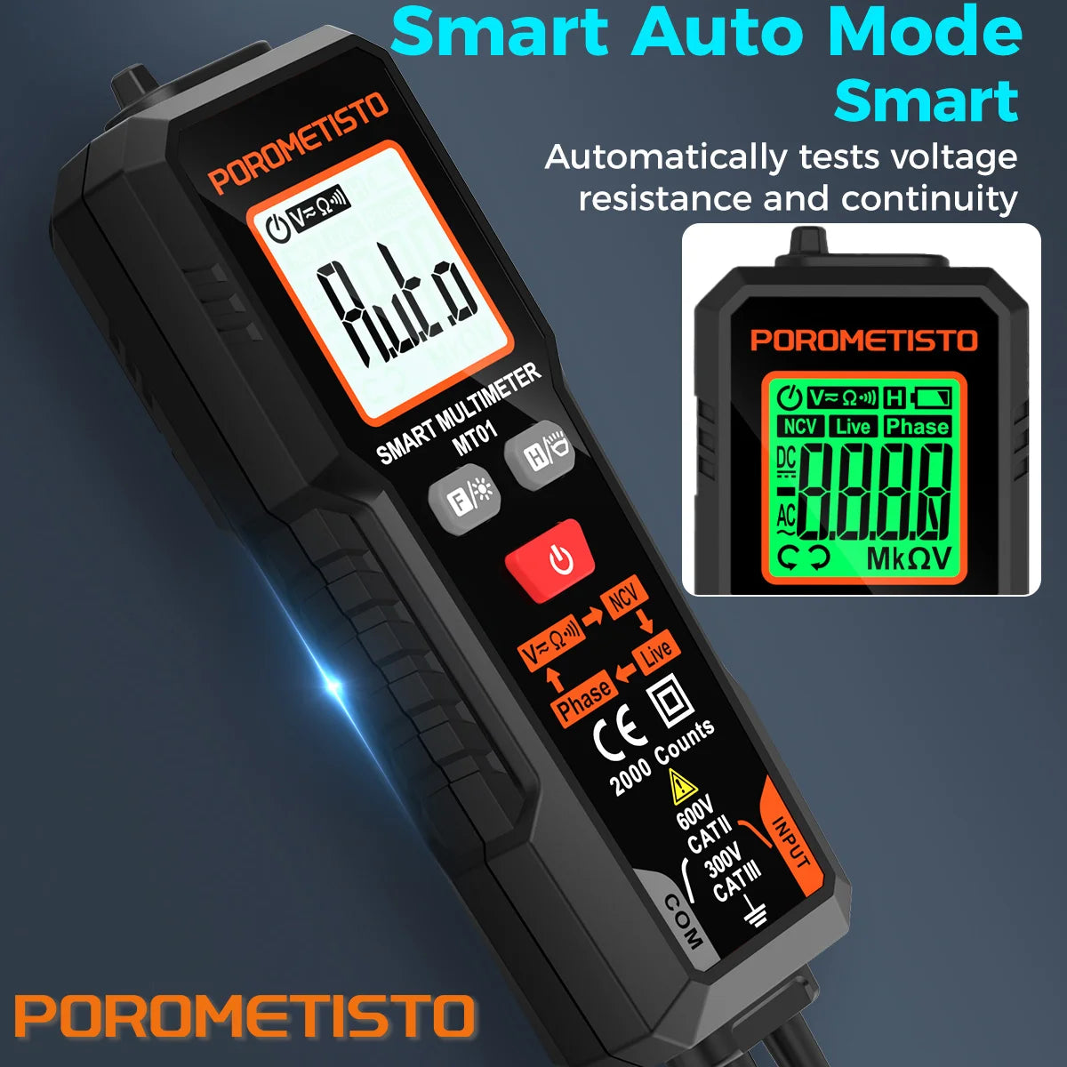POROMETISTO MT01 Multimeter Smart Digital Multimeter Voltage Tester NCV Live Wire Test 2000 Counts 600V AC/DC Voltage Tester