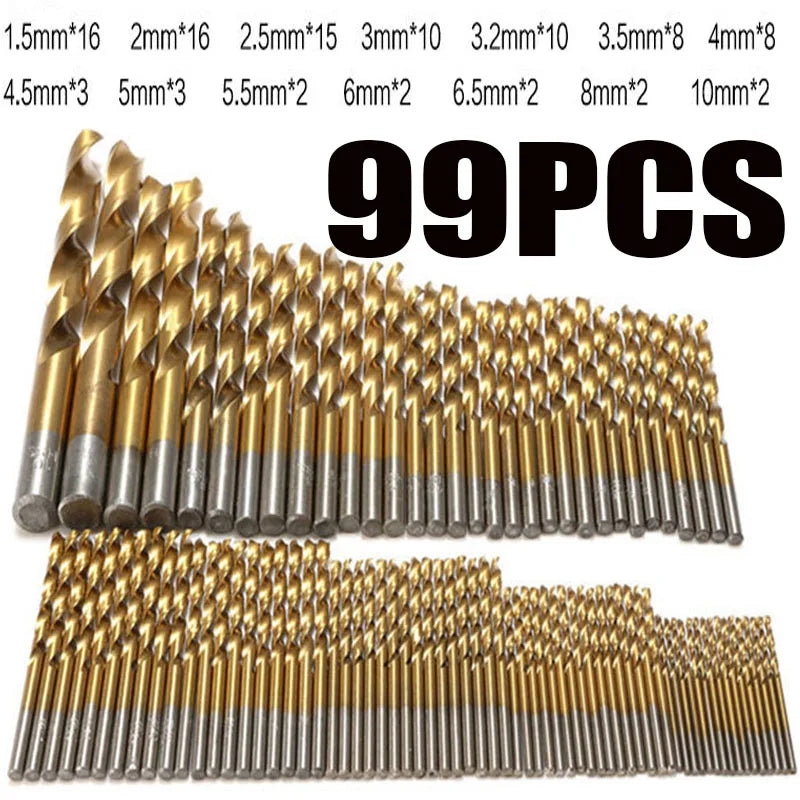99PCS 1.5-10mm Titanium Coated Twist Drill Bit Set High Speed Steel Metric Bits Tools Multi Function Metal Drills Power Tools