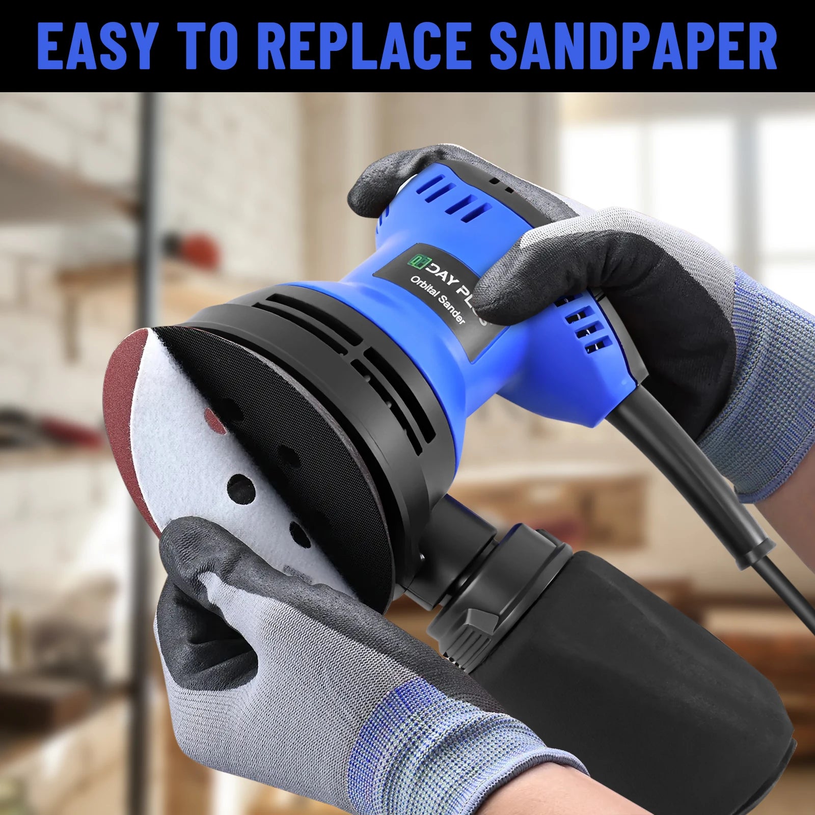 DayPlus 300W Random Orbital Sander with 15pcs Sandpaper & Dust Bag, 6 Speeds 125mm Sanding Machine for Wood Metal Polishing