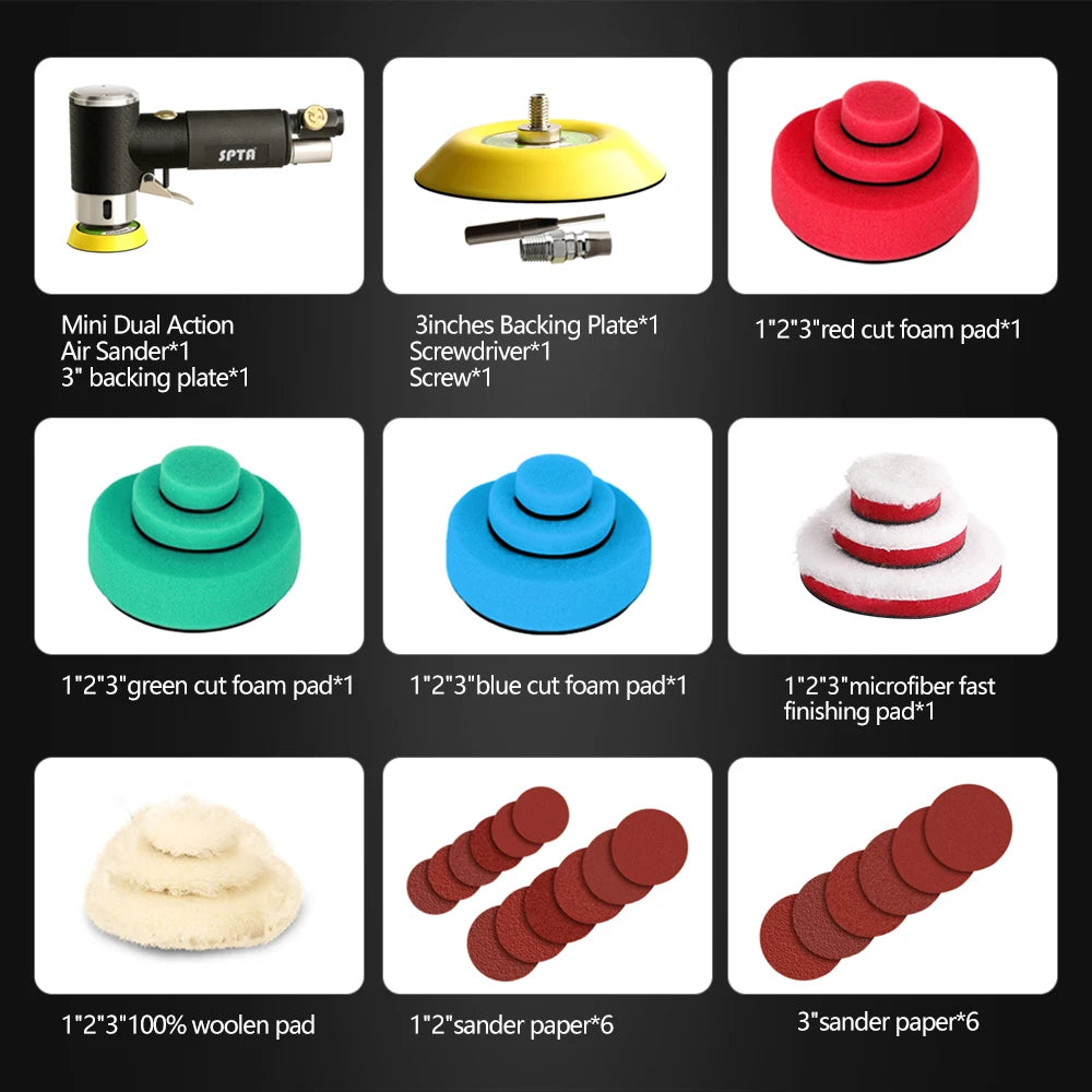 SPTA 1"/2"/3" Random Orbit Air Sander Machine Mini Pneumatic Polisher 15000RPM 3mm Orbit for Car Sanding Buffering Grinding
