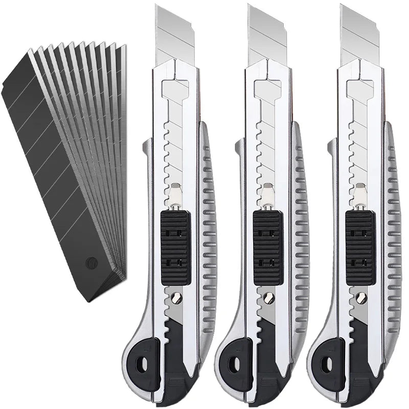 3 Pack Utility Knife Box Cutter Retractable, Compact Box Knife for Cartons, Cardboard and Boxes, with 10 Piece 18mm Wider