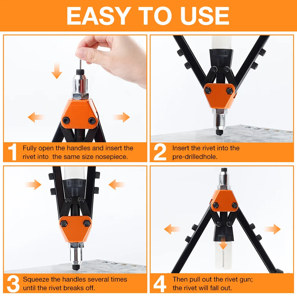 Rivet Gun Set, Manual Riveting Tool, Suitable For 2.4/3.2/4.0/4.8/6.4mm Rivets Home Rivet Gun Including 250 Rivets 5 Drill Bits