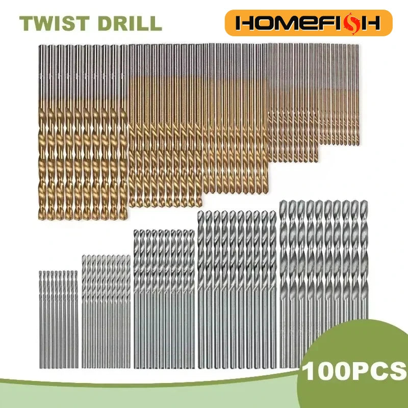 100PCS Twist Drill Bit Set 1-3mm Titanium Plated for Wood Metal Hand Electric Drill