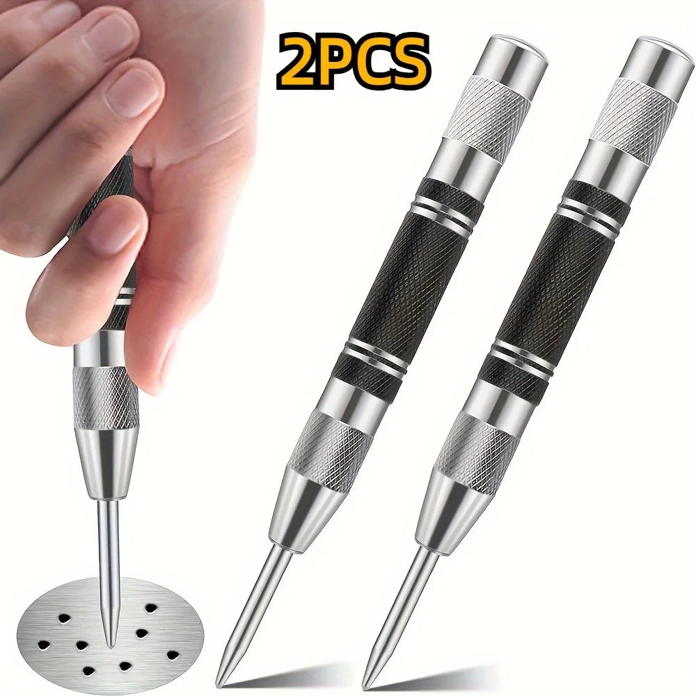 2Pcs Heavy Duty Automatic Center Punch, 5'' Premium Steel Spring Loaded Center Hole Punch, Adjustable Spring Impact Center Marke