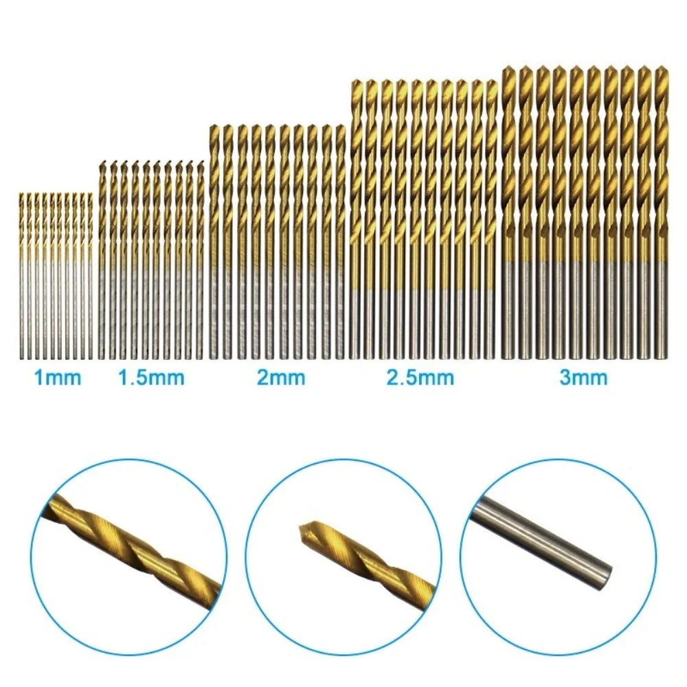 50Pcs 1-3mm Twist Drill Bit Set High Steel Titanium Coated Drill Bits Set Tool For Woodworking Stainless Steels Drilling Tools