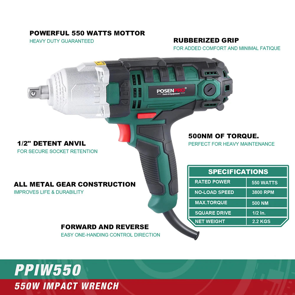 550W Electric Impact Wrench Max Torque 500Nm 1/2 Inch 2M Rubber Cable Car 4 SocketS Wrenches BMC Box AC Power Car Repair Tool