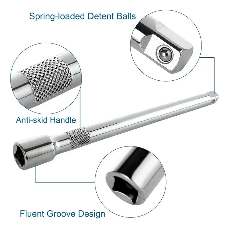 1/4" 3/8" 1/2" Drive Extension Set Ratchet Wrench Extension Bar Socket,50/100/150/250mm Ratchet Wrench Socket Extender Hand Tool