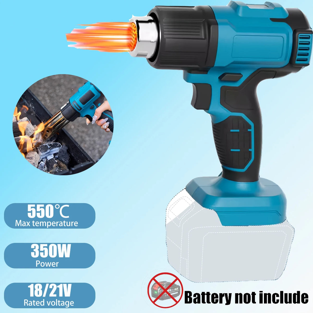 Cordless Heat Gun, 550℃ High Temperature Portable Electric Hot Air Gun (Bare Machine)