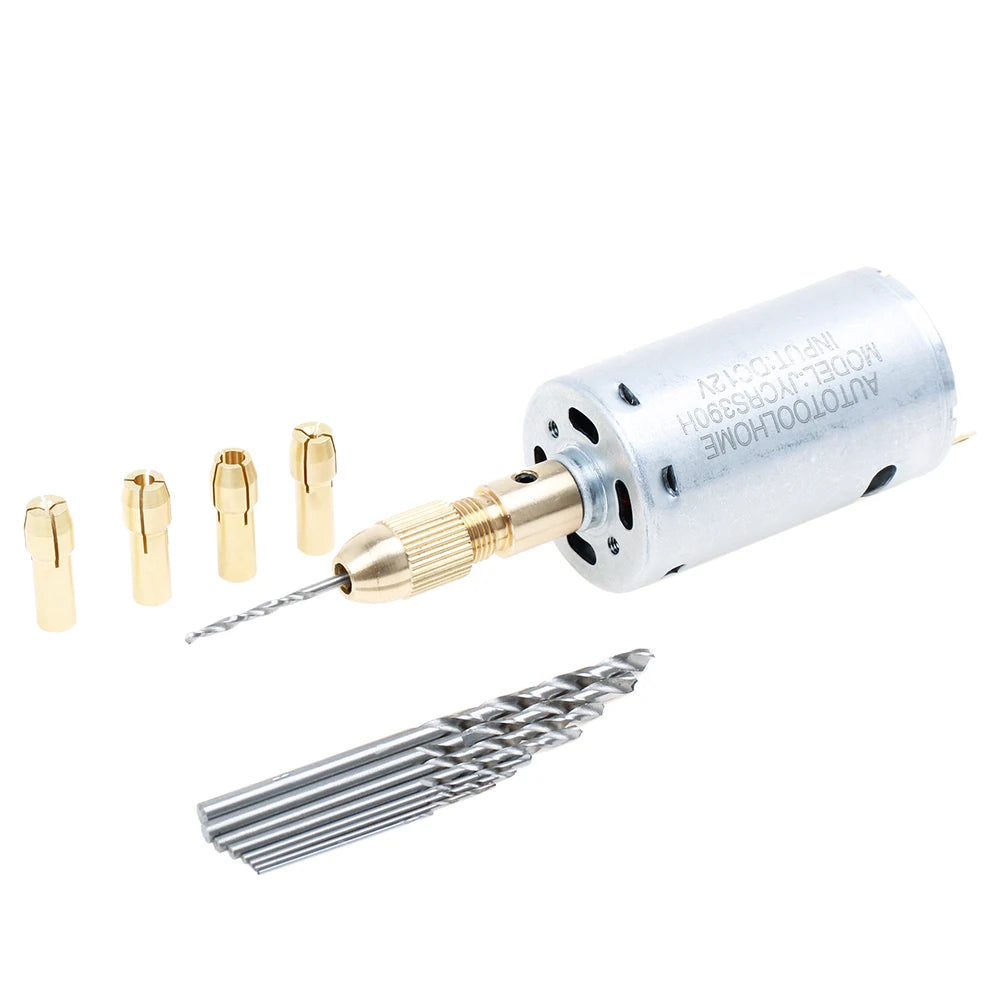 Electric Hand Drill DIY MINI Drill Press Set DC 12V Motor 10PCS 0.5-3mm HSS Twist Drill Bit with 5Pcs Chuck Collets Hobby Drill