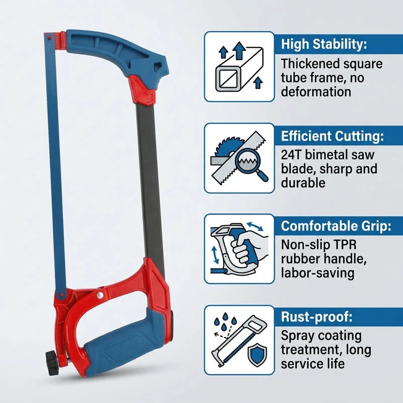 Aluminum Hacksaw Frame Heavy Duty Thick Steel Tube Rubber Grip Stable + Bimetal Blade Sharp Durable Metal Saw Tool