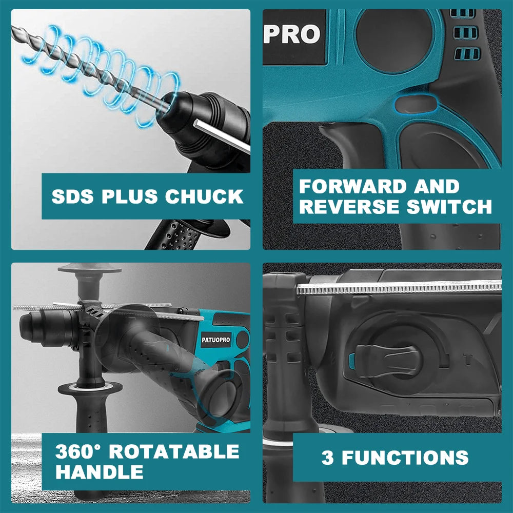 Brushless Cordless Electric Rotary Hammer 28mm 3 Functions Hammer Drill Househeld Power Tool For Makita 18V Battery(No Battery)