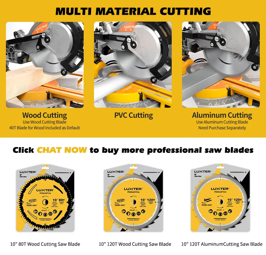 254mm 2400W Sliding Miter Saw + 1pc 255mm 120T Blade For Wood Cutting + 1pc 255mm 120T Blade For Aluminium Cutting